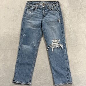 American Eagle Jeans Womens 90s Straight Strigid Distressed Embroidered Patch